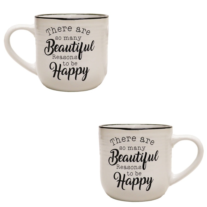 Ceramic White & Black Double Sided Beautiful/Happy Mug 5.5×3.8×3.75H