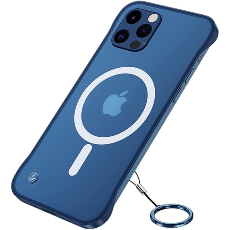 Ultra-Thin Frameless Magnetic Case for iPhone 14 pro max, Blue Matte Case with Shockproof Corner& Finger Loop String