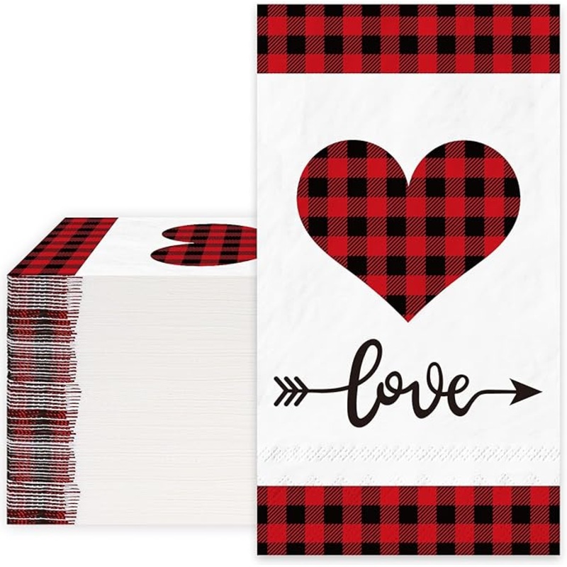 Valentine’s Day Guest Napkins Red Black Plaid Heart 3 Ply Disposable Paper Napkins Love Dinner Hand Towel Napkins for Holiday Party Table Decor Supplies, 80Pcs
