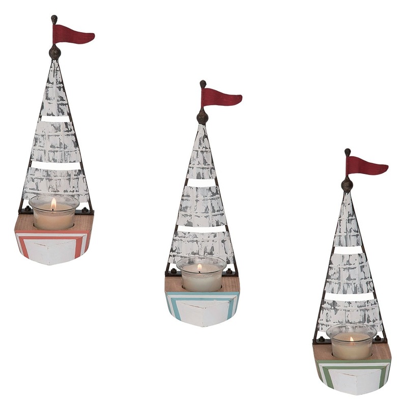 Wood & Metal Sailboat Set of 3 Candle Holder Decor KD 6×3.25×10.55H