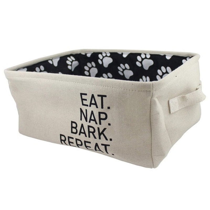 16×12 Natural Linen Rectangular Pet Storage Bin with Paw Print Patch