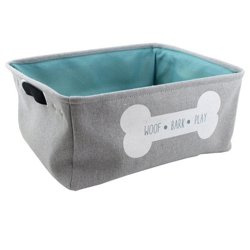 17×13 Grey with Teal Inside Linen Rectangular Pet Storage Bin with Woof Bark Play