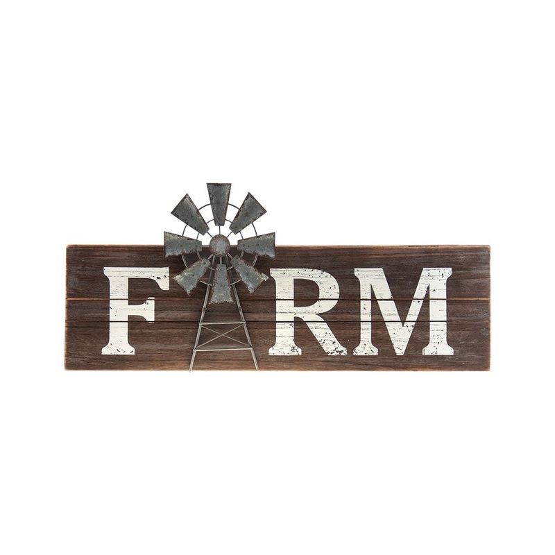 Wood Panel Sign w/Metal Windmill 23.5×10.5H