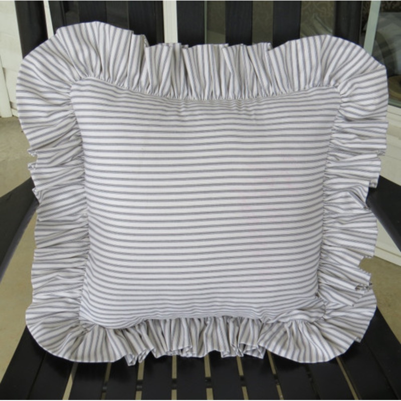 Gray Ticking Stripe Ruffled Decorative Pillow