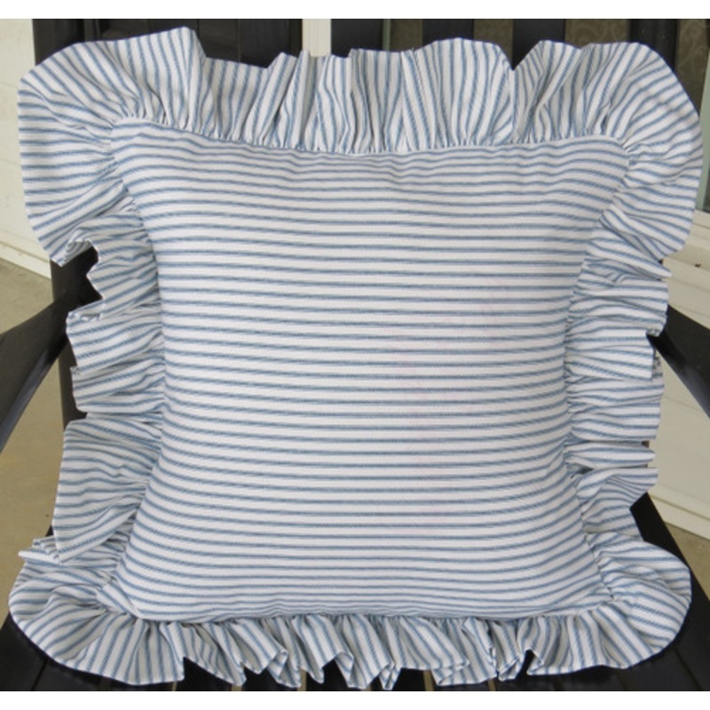 Blue Ticking Stripe Ruffled Decorative Pillow