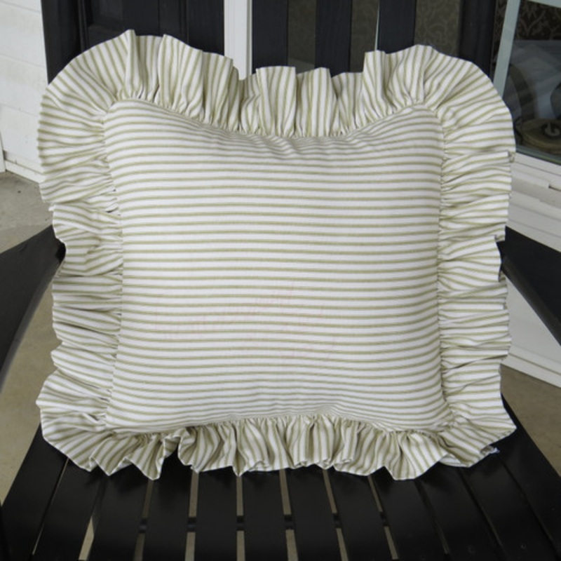 Green Ticking Stripe Ruffled Decorative Pillow